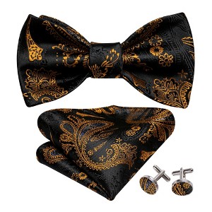Men's Black And Gold Paisley 100% Silk Self Tie Bow Tie Pocket Square Cufflinks Set - 1 of 4