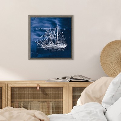 Indigo and White Sailing Ship Canvas Wall Art with Gray Frame
