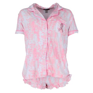 Not a Morning Person Women's Pink Ribbon Tie-Dye Notch Short Sleeve and Shorts Set - 1 of 4