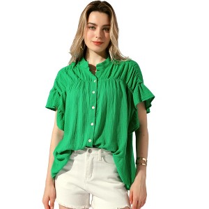 Allegra K Women's Casual Button Up Textured Ruffle Sleeve Blouse - 1 of 4