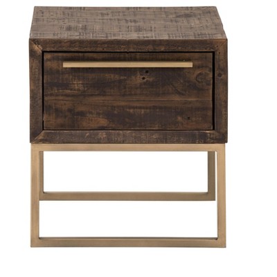 Transitional Smokey Taupe Square Side Table with Gold Metal Accents