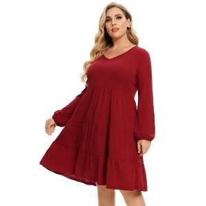 plus Size V-Neck Multi-Layered Ruffle Long Sleeve Dress - 1 of 4