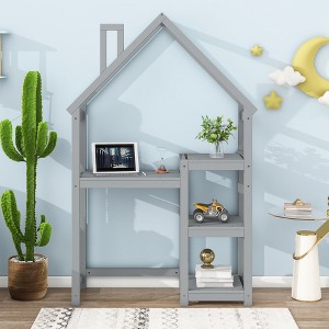 House-shaped Wooden writing Desk,Kids study Table,Bookshelf & Toy Storage,Grey - 1 of 4