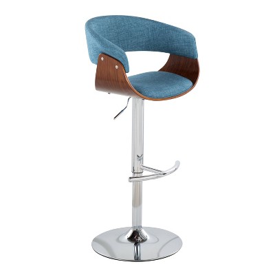 Set of 2 Blue Adjustable Swivel Bar Stools with Walnut Wood and Chrome Base