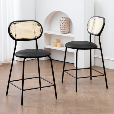 Arceso 24 Inch Faux Leather Rattan Counter Stool Set of 2,Modern Upholstered Round Counter Height Barstools for Home, Bar, Restaurants