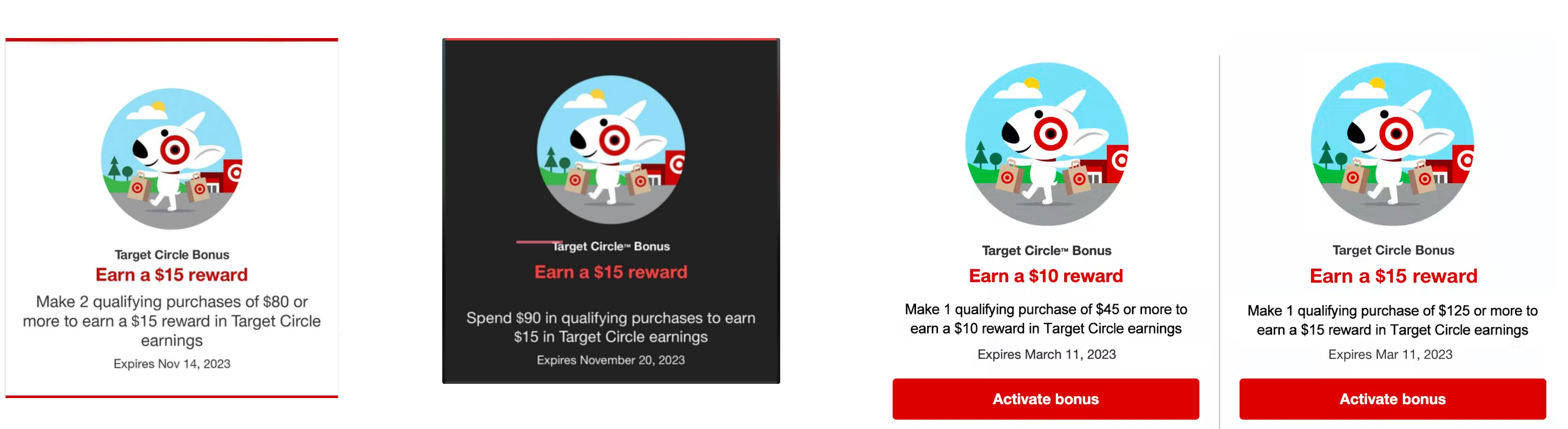 Screenshot showing Target Circle Bonus offers including "Earn a $15 reward" and "Earn a $10 reward." Bonus offers are laid out horizontally with four different options available.