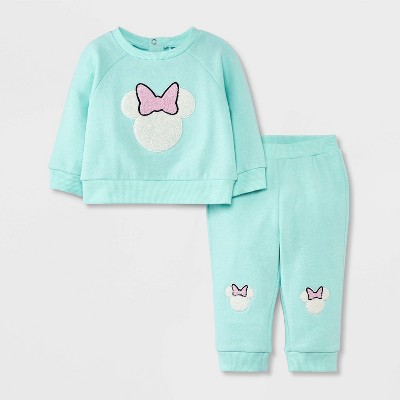 Image of Baby Girls' Disney Minnie Mouse Chenille Patch Fleece Top and Pants Set - Green Newborn