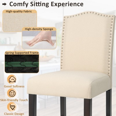 Set of 2 Beige Upholstered Nailhead Bar Stools with Wood Legs