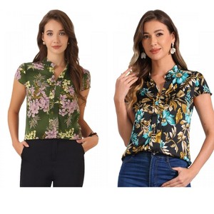 INSPIRE CHIC Women's Satin Stand Collar Work Cap Sleeve Floral Blouse 2 Packs - 1 of 4