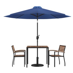 Merrick Lane Five Piece Faux Teak Patio Dining Set Includes Table, Two Club Chairs, 9' Patio Umbrella and Base - 1 of 4