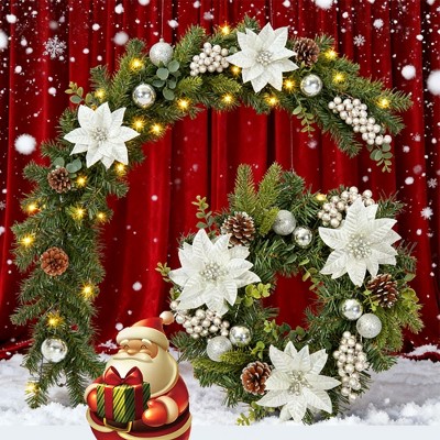 2 in 1 Christmas Wreath and Garland Set, Artificial Front Door 16"/ 24" Christmas Wreath and 6 Ft Garland Decorations Set
