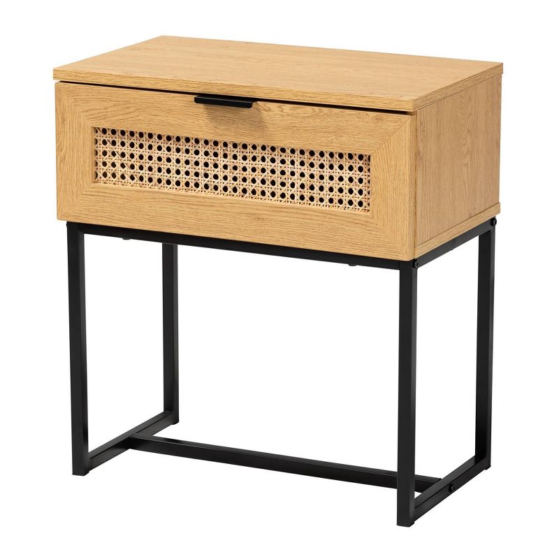 Sawyer Wood and Metal 1 Drawer End Table with Natural Rattan Oak Brown/Black - Baxton Studio, 3 of 11