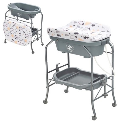 Image of Costway Baby Changing Table w/Bathtub, Folding & Portable Diaper Station w/Wheels  Gray