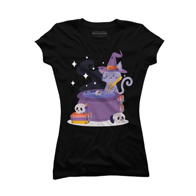 Junior's Design By Humans Halloween Kitty Cauldron By machmigo T-Shirt
