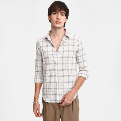 Campus Sutra Men Men's Off-White Tartan Plaid Shirt
