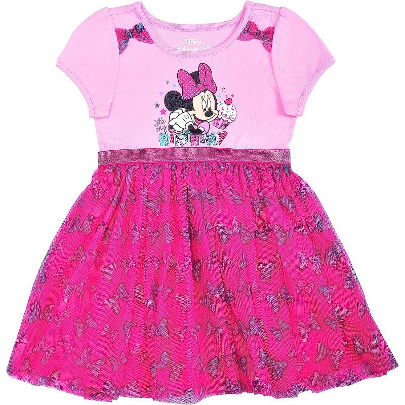 Disney Girl's Minnie Mouse Short Sleeve Birthday Dress with Bow Print Tulle Skirt for Kids, 1 of 2