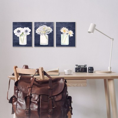 Farmhouse Flower Bouquets Navy Blue and White Canvas Wall Art Set