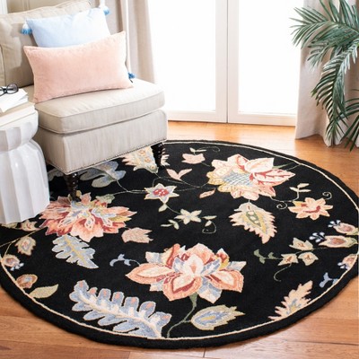 Black Floral Hand-Hooked Wool Round Area Rug, 8'