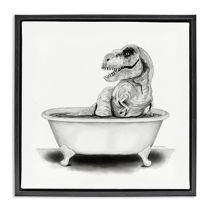 Stupell Industries Funny T-Rex Bathtub Washroom Floating Frame Canvas Art, Black, 18" x 18" - 1 of 4