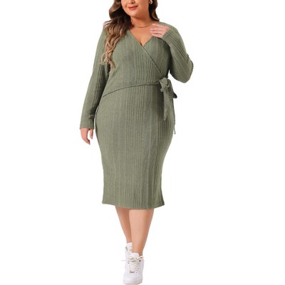 Agnes Orinda Women's Plus Size Elegant Back Slit V Neck Long Sleeve Wrap Sweater Midi Dresses