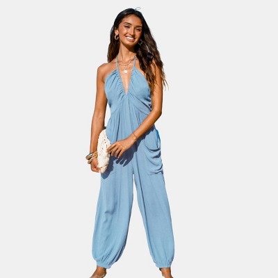 CUPSHE Women's Plunge Halter Sleeveless Pleated Long Romper Knit Jogger  Maxi Jumpsuit with Pockets, Blue, Small : : Clothing, Shoes &  Accessories