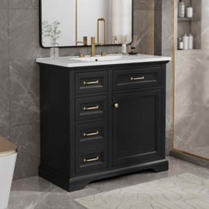 MAYEERTY 36" Bathroom Vanity Ceramic Sink Top 4 Drawers 1 Soft-Close Door Freestanding Metal Handles Black - 1 of 4