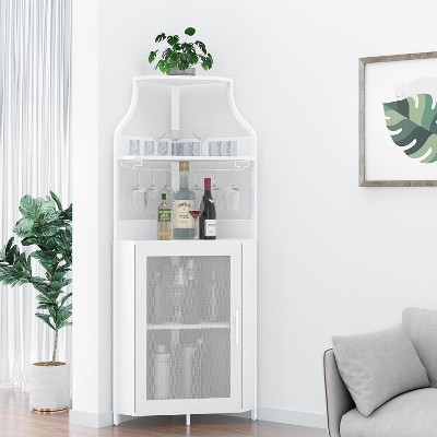 Corner Wine Cabinet with Detachable Wine Rack – 5-Tier Industrial Corner Bar Cabinet with Barn Door and Glass Holder, Farmhouse Buffet & Home Bar