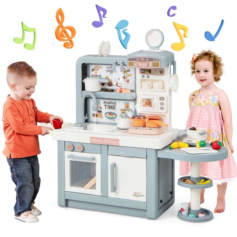 Costway Kids Pretend Kitchen Playset Role Play Kitchen Play Toy with Sink Oven Microwave Pink/Grey, 1 of 11