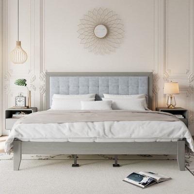 Modern Gray Solid Wood Bed Frame With Upholstered Headboard Queen,King,California King Three Sizes Platform Bed To Choose From-Cuddlewood