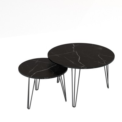 PDTEND 27.56'' Round Nesting Coffee Table Set of 2 with Wooden Tabletop and Sturdy Metal Base