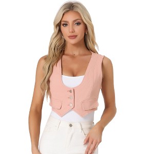 Allegra K Women's Vintage Button-Up Sleeveless Cropped Jean Waistcoat Vest - 1 of 4