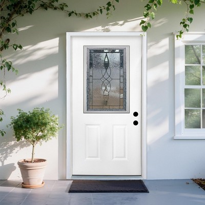 36 X 80 Inches Fiberglass Entry Door,6-9/16 Vinyl Frame,Decorative Glass Door,Primed Knock-Down,with Brickmould,Right Hand Inswing Door