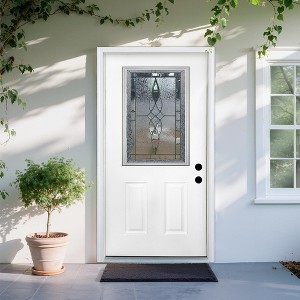 36 X 80 Inches Fiberglass Entry Door,6-9/16 Vinyl Frame,Decorative Glass Door,Primed Knock-Down,with Brickmould,Right Hand Inswing Door - 1 of 4