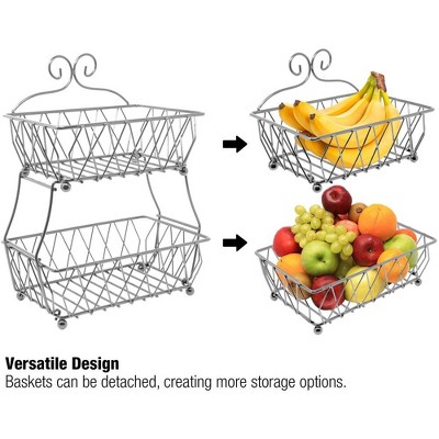 Silver 2-Tier Rectangular Metal Fruit Basket Stand