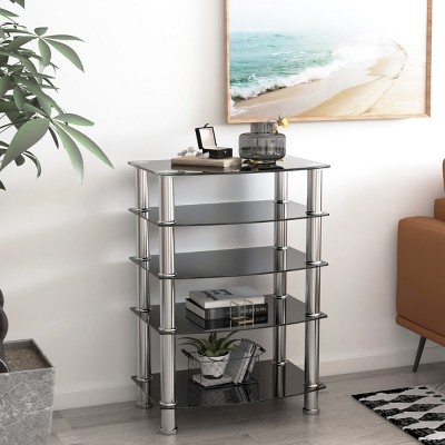 KTMBDW Classic Glass 5-Tier Bookshelf 32" - Stainless Steel Bookcase for Living Room, Display Storage Shelves for Family Room, Bathroom, Office,Glass