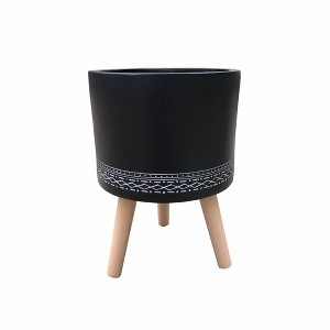19.5" Classic Cylindrical Lightweight Concrete Outdoor Planter with 3 Wooden Legs Black - Rosemead Home & Garden, Inc.: - 1 of 4