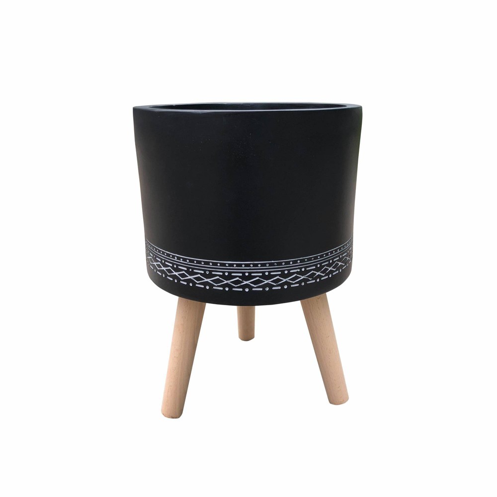 Photos - Flower Pot 19.5" Classic Cylindrical Lightweight Concrete Outdoor Planter with 3 Wooden Legs Black - Rosemead Home & Garden, Inc.: