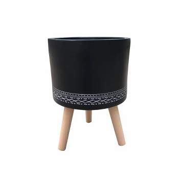 19.5" Classic Cylindrical Lightweight Concrete Outdoor Planter with 3 Wooden Legs Black - Rosemead Home & Garden, Inc.