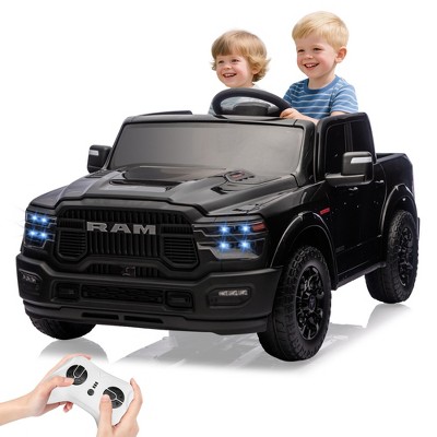 Two-seat authorized RAM 2500 children's stroller, spacious cargo box, three-speed gearbox, suspension system, a perfect holiday gift for kids.