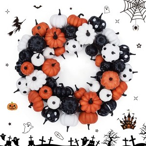 18 Inch Halloween Fall Wreath for Front Door, Black Orange White Artificial Pumpkin Wreath for Fall and Halloween Indoor Outdoor Home Party Decor - 1 of 4