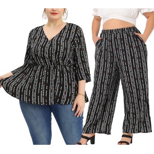 Agnes Orinda Women's Plus Size 2 Pieces Boho Stripe Casual Fashion Top and Bottom Sets - 1 of 4