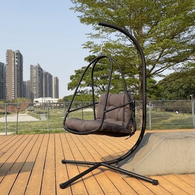 1 Piece Hanging Basket Chair Rattan and Metal Frame with Stand Foldable Seat and Cushion for Patio or Indoor Use - Coolbibila