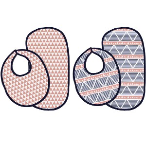 Bacati - Emma Coral/Navy Triangles Muslin 4 pc set of Bibs & Burp Cloths Set - 1 of 4
