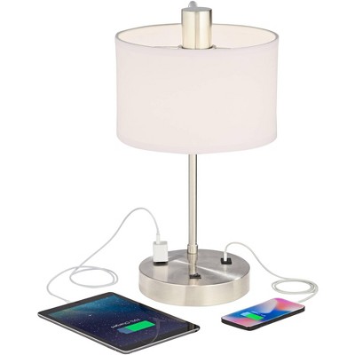 Brushed Nickel Desk Lamp with White Linen Shade and USB Port