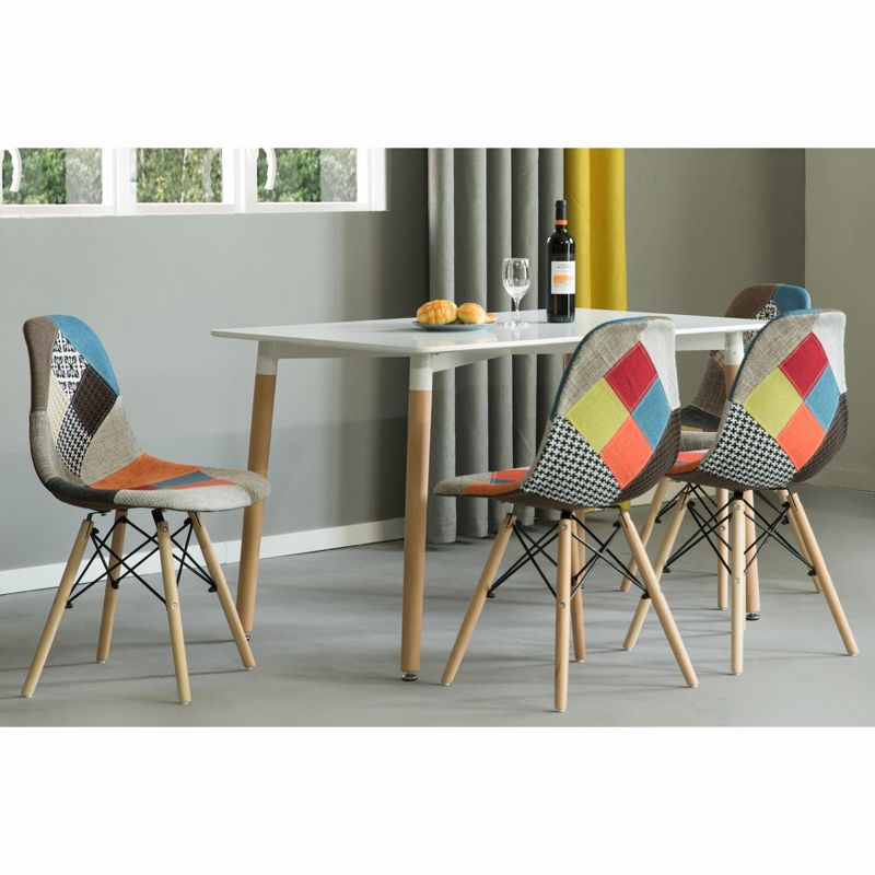 Mid-Century Modern Upholstered Plastic Multicolor Fabric Patchwork DSW Shell Dining Chair with Wooden Dowel Eiffel Legs, 4 of 13