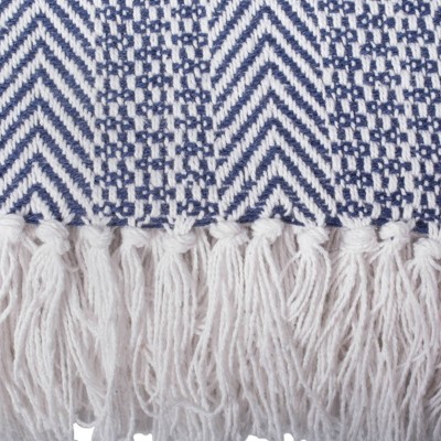 Nautical Blue Herringbone Cotton Throw Blanket with Fringe