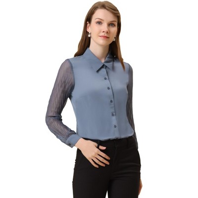 Allegra K Women's Button Down Sheer Sleeve Point Collar Work Tops