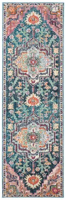 Teal and Rose Synthetic Oriental Runner Rug, 2'2" x 21'