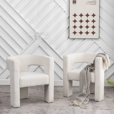 Set of 2 Cream Boucle Barrel Accent Chairs with Wood Frame