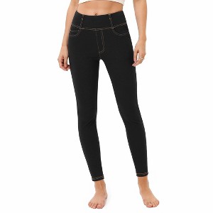 Women's High - Waisted Denim - Look Leggings with Faux Pockets and Contrast Stitching - 1 of 4